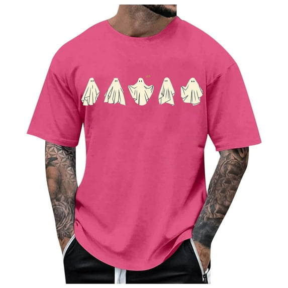 Mens T Shirts Casual Halloween 5 Little Ghost Printed Blouses Short Sleeve Crew Neck Tops Outdoor Activities Mens T-Shirts Hot Pink XXL