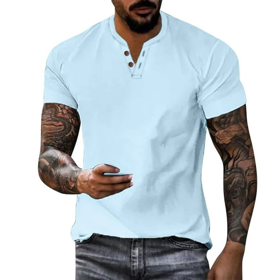 Mens T Shirts Casual Henley Shirt Solid Color Short Sleeve Button Summer Casual Loose T-Shirts