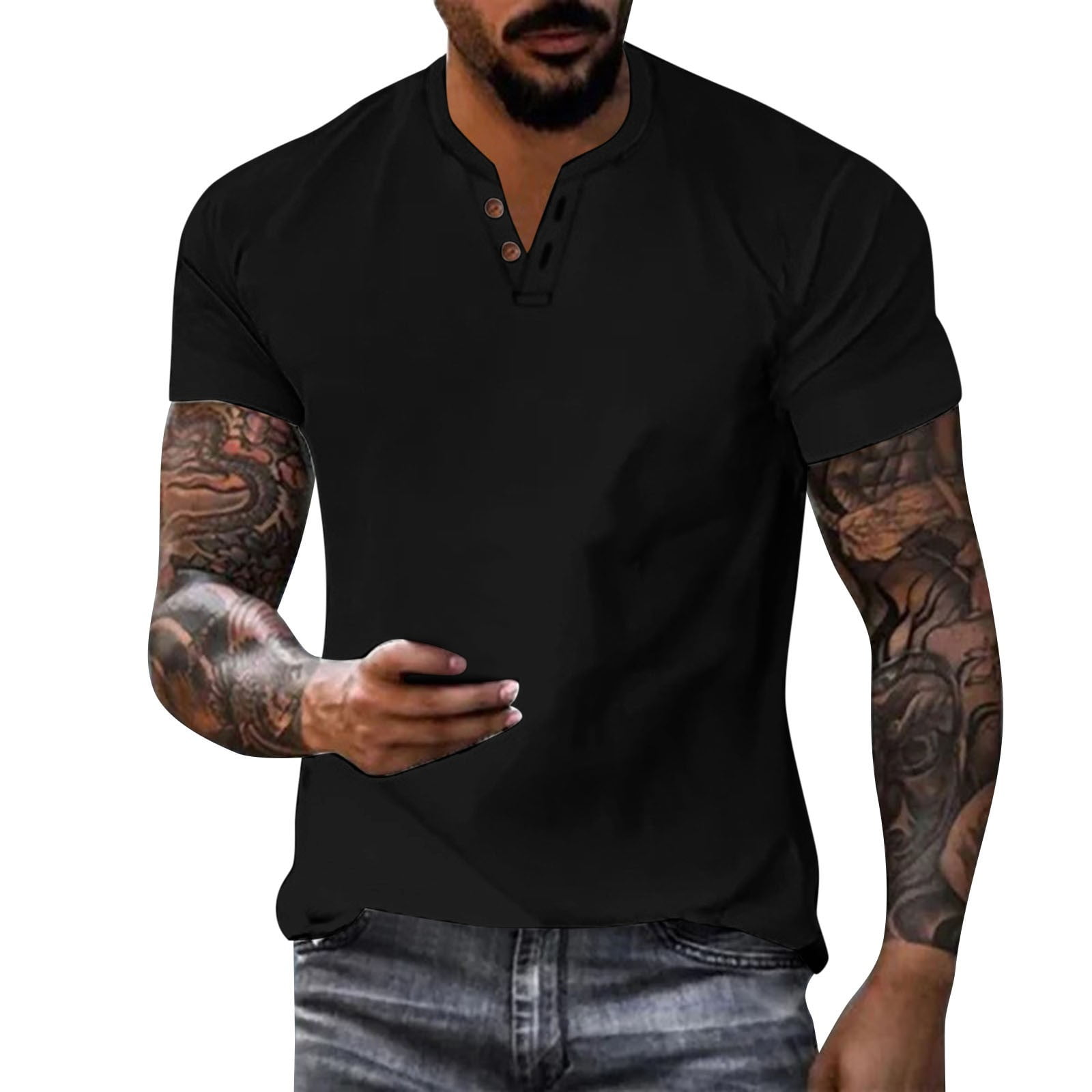 Mens T Shirts Casual Henley Shirt Solid Color Short Sleeve Button