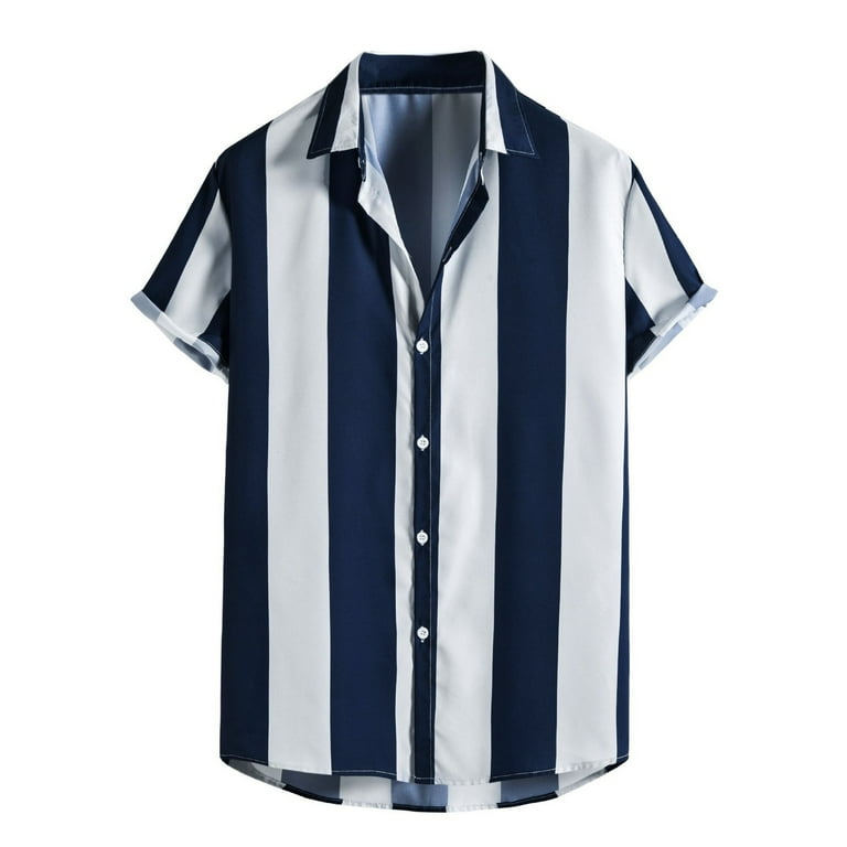 Chic loose blue white striped sales printed button short sleeve shirt