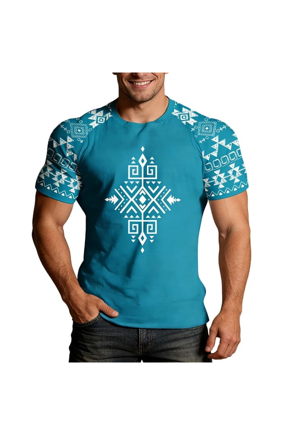 Mens T Shirts Casual Summer Western Aztec Print Short Sleeve Tops Basic Comfortable Camo Tees Shirts Sky Blue S