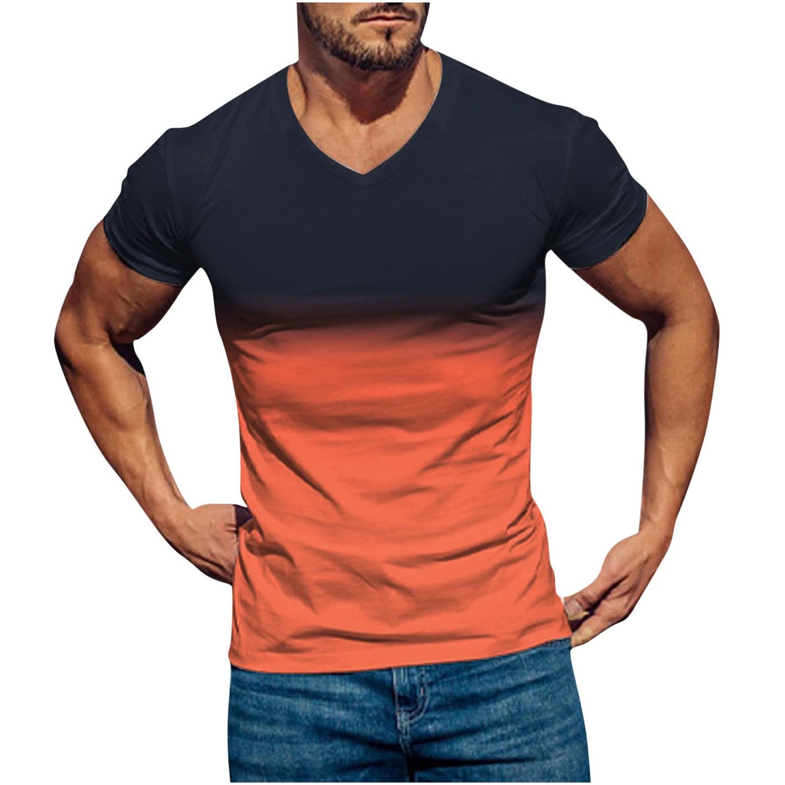 Mens T Shirts Casual Trendy,Mens Plus Size T-Shirt Short Sleeve Gradient V  Neck Soft Loose Fit Graphic Tees Quick Dry Summer Stretchy Workout Muscle