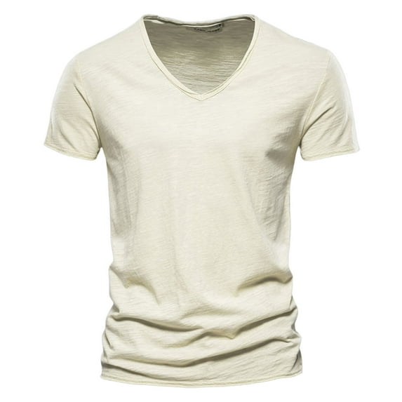 Mens T Shirts Casual V Neck Loose Comfortable Stretchy Pure Color Summer Short Sleeve Tee for Daily Wear Shirts for Men Beige L