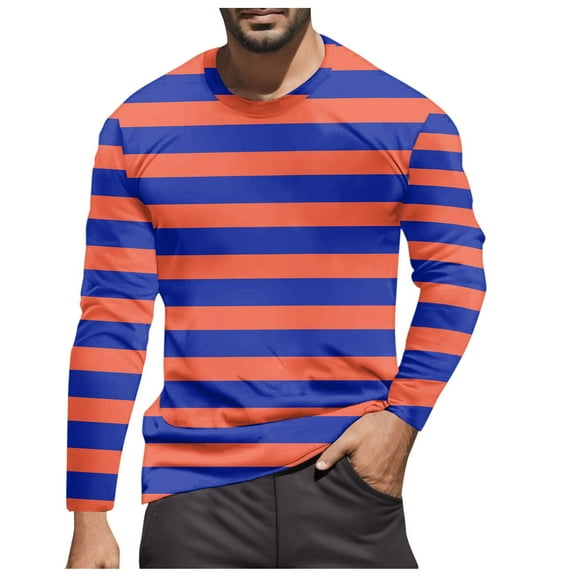 Mens T Shirts Color Blocked Striped Casual Trend Crew Neck Long Sleeve Tees Stretchy Fall Warm Basic Mens Shirts Orange L