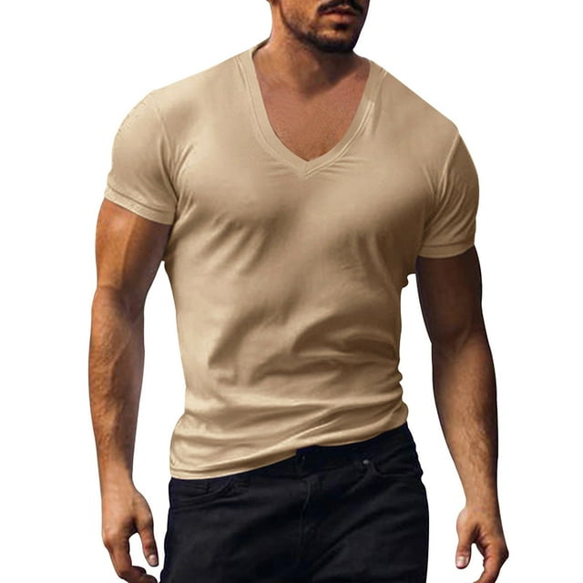 Mens T-Shirts Cotton Casual Fashion Solid Color Short Sleeved V Neck ...