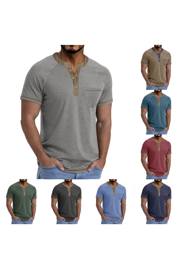 Mens T-Shirts Cotton Short Sleeve Fashion Button Solid Patchwork Shirt Blouse Green M