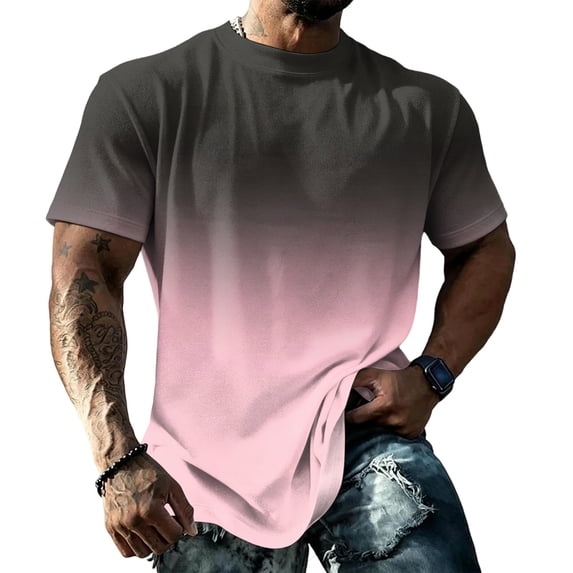 Mens T-Shirts Crew Neck Gradient Short Sleeve Loose Fit Sports Cotton Summer Streetwear Pink XL