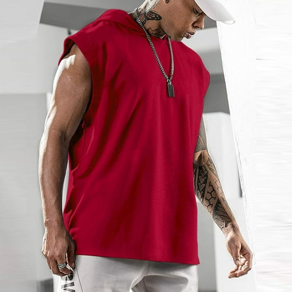 Mens T-Shirts Fitness Training Pullover Sports Leisure Sleeve Hooded Vest Solid Color Vest Daily-Wear