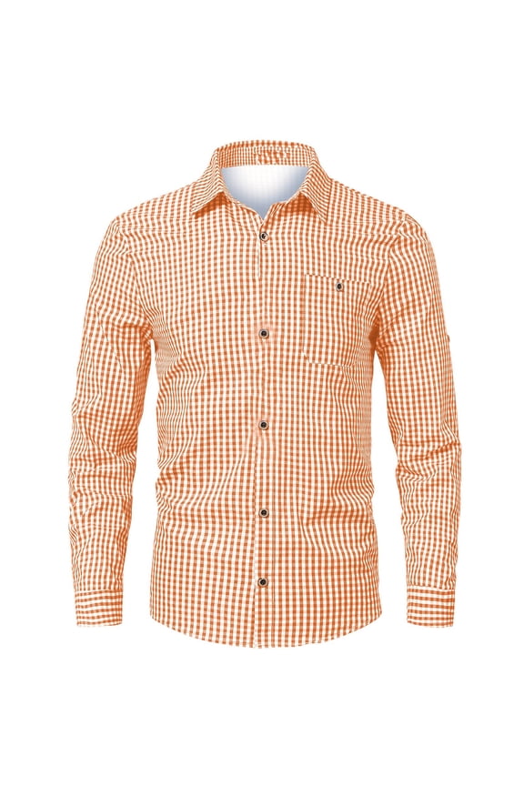 Mens T Shirts Golf Plaid Breathable Long Sleeve Button Down Mens Knit Polo,Orange,2XL
