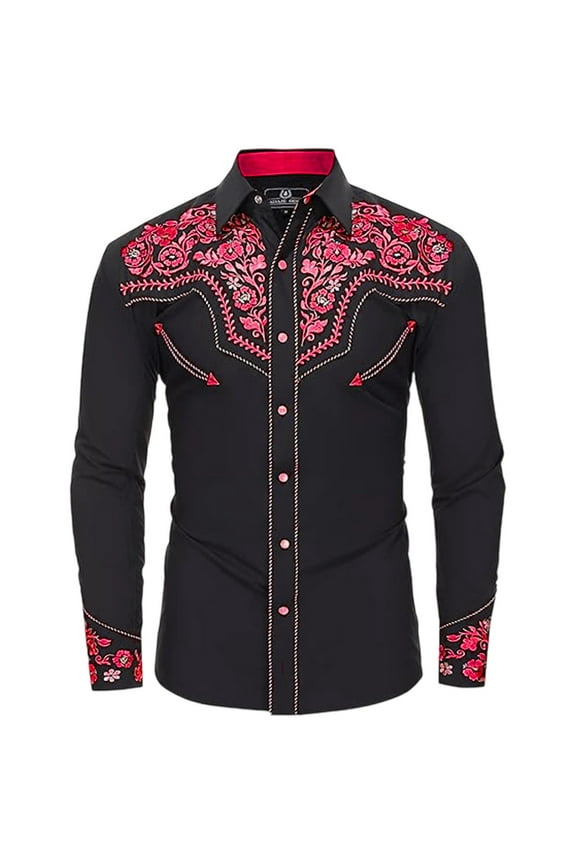 Mens T Shirts Golf Western Cowboy Long Sleeve Embroidered Slim Fit Button Down Pockets Mens Work Clothing,Red,L