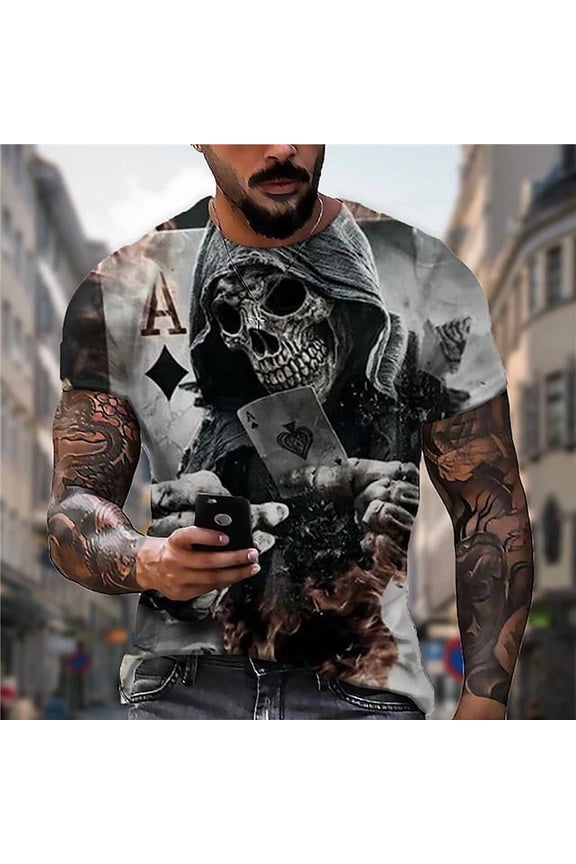 Mens T-Shirts Graphic Fashion Skull Print Tshirt Casual Short Sleeve Tee Tops Hipster Hip Hop T Shirts Cool Shirt Halloween Costume Gray A XXL