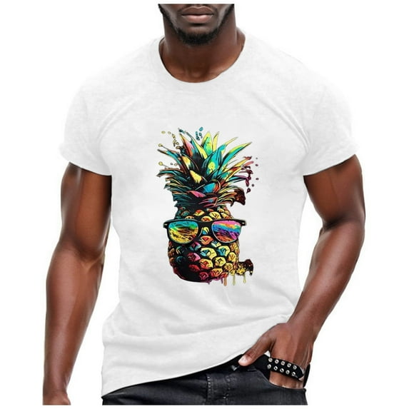 Mens T-Shirts Graphic Summer Pineapple Print Round Neckline Short Sleeve Slim Fit Casual Breathable Tshirt