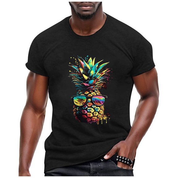 Mens T-Shirts Graphic Tees Funny Adult Summer Pineapple Print Round Neckline Short Sleeve Slim Fit Casual Breathable Tshirt