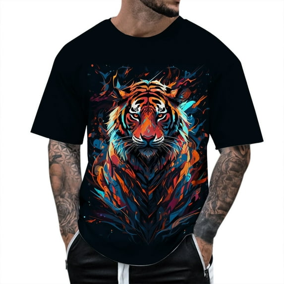Mens T Shirts Graphic Tees Tiger Print Short Sleeve Crew Neck T Shirt Summer Casual Tee Tops