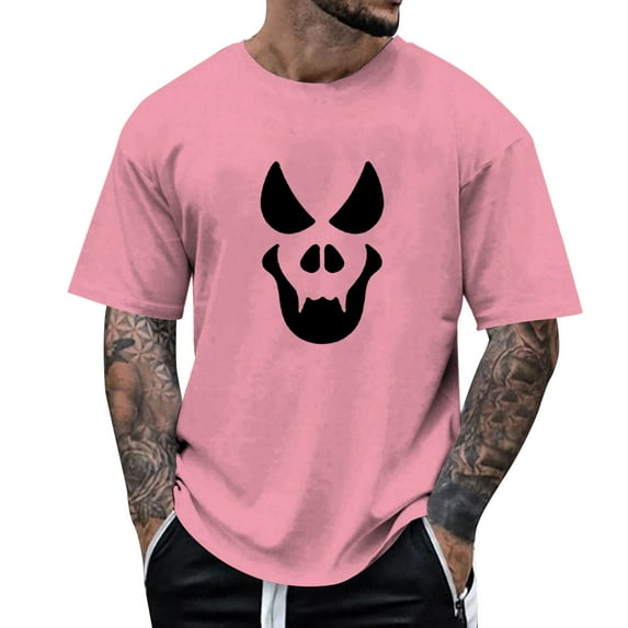 Mens T Shirts Halloween Casual Funny Face Printed Theme Short Sleeve Crew Neck Tops Comfortable Festival Loose Solid Color Summer Men's Shirts Pink XXL