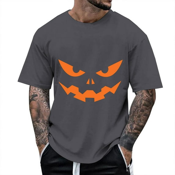 Mens T Shirts Halloween Classic Funny Pumpkin Face Printed Short Sleeve Crew Neck Tees Party Casual Fall Season Loose Fit Comfortable Mens Shirts Dark Gray M