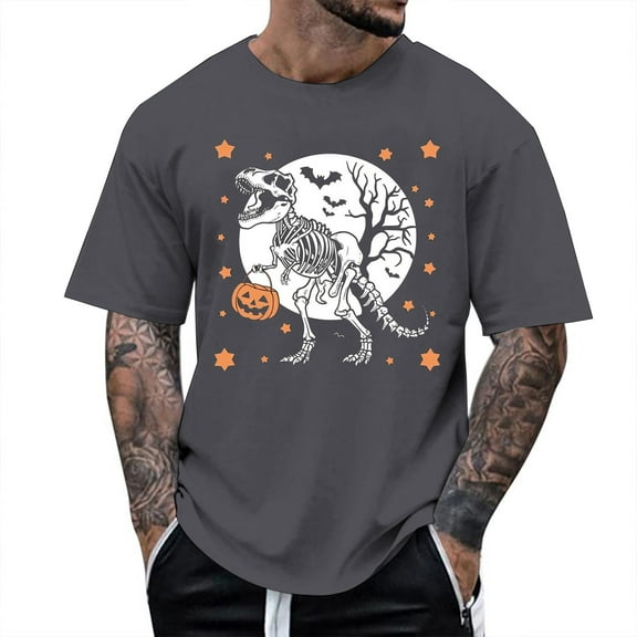 Mens T Shirts Halloween Dinosaur Skeleton Printed Casual Short Sleeve Tees Crew Neck Comfortable Breathable Men's Shirts Dark Gray M
