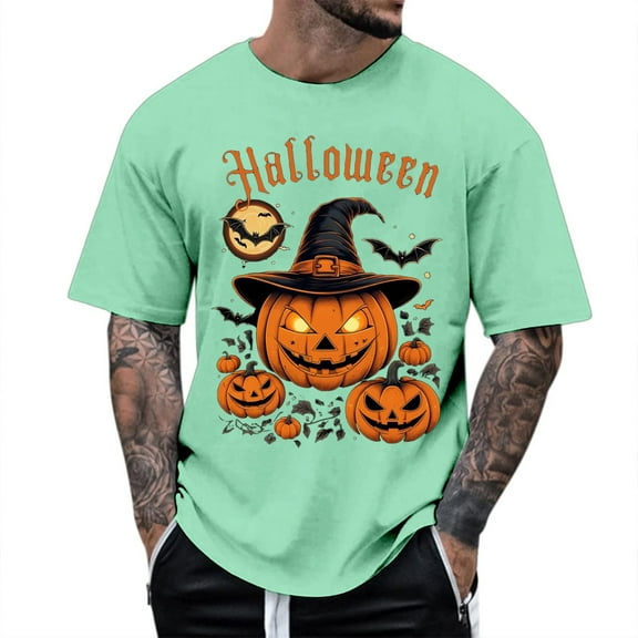 Mens T Shirts Halloween Funny Pumpkin Printed Casual Comfortable Short Sleeve Crew Neck Tees Sports Leisure Activities Lightweight Breathable Mens Shirts Light Green XL