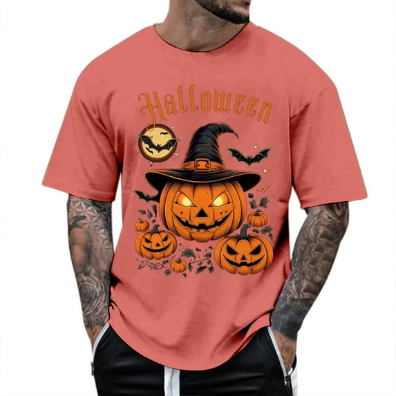 Mens T Shirts Halloween Funny Pumpkin Printed Casual Comfortable Short Sleeve Crew Neck Tees Sports Leisure Activities Lightweight Breathable Shirts for Men Watermelon Red XXL