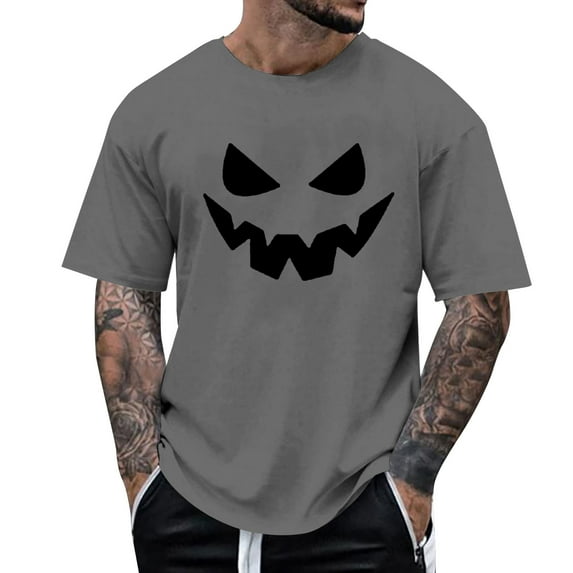 Mens T Shirts Halloween Theme Expression Printed Solid Color Short Sleeve Crew Neck Tops Comfortable Loose Casual Shirts For Men Dark Gray XL