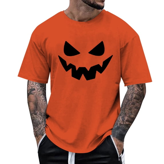 Mens T Shirts Halloween Theme Expression Printed Solid Color Short Sleeve Crew Neck Tops Comfortable Loose Casual Shirts For Men Orange XXXL