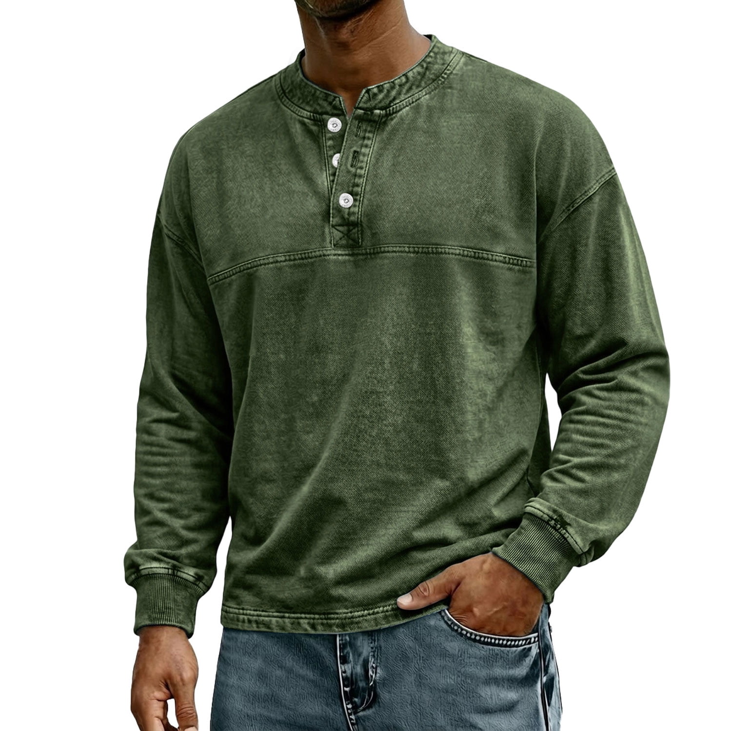 Mens T Shirts Henley Button Work Distressed Tee Long Sleeve Basic ...