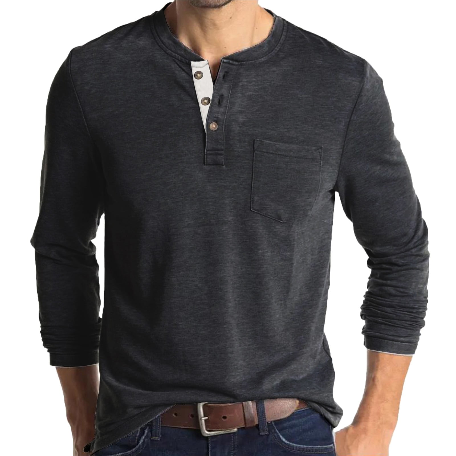 Mens T Shirts Henley Shirt Solid Color Long Sleeve Round Neck Pocket T ...