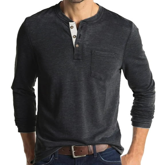 Mens T Shirts Henley Shirt Solid Color Long Sleeve Round Neck Pocket T-Shirts