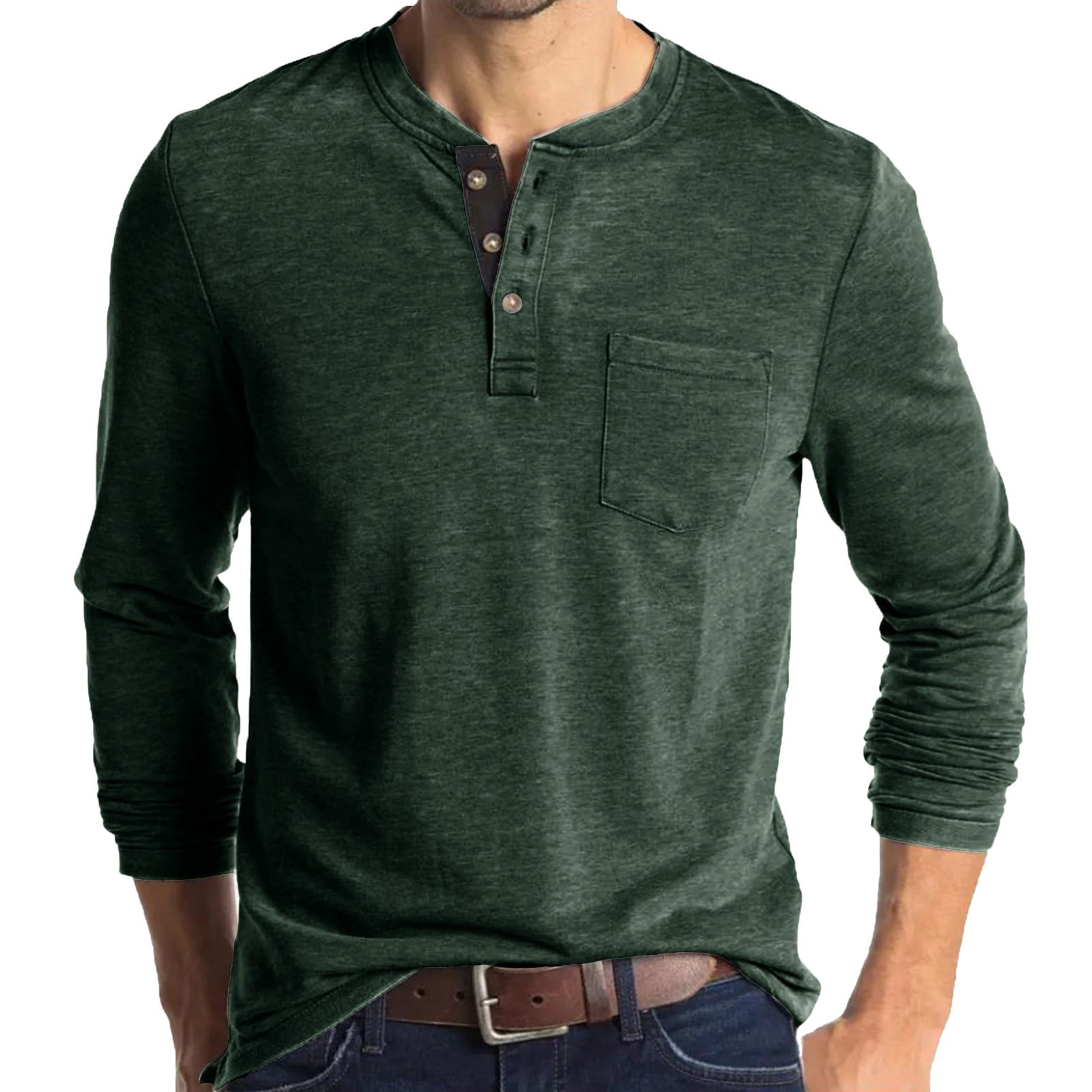 Mens T Shirts Henley Shirt Solid Color Long Sleeve Round Neck Pocket T ...