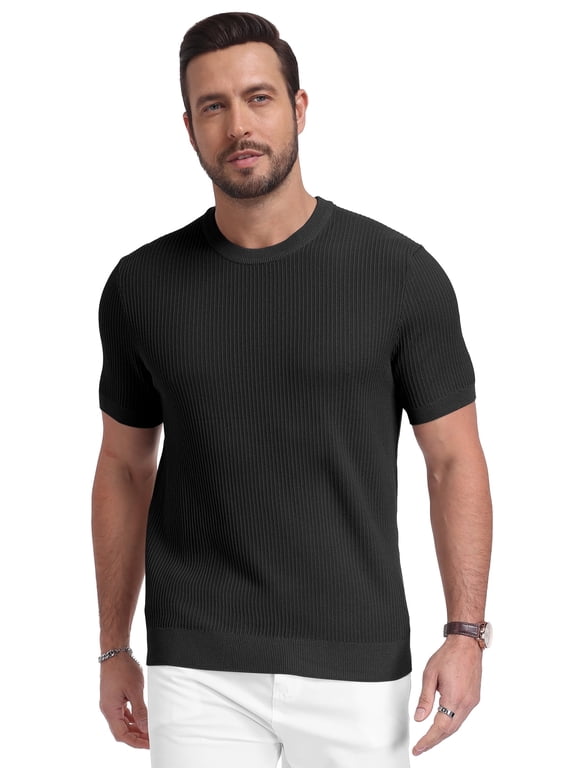 Mens Knit T Shirt Short Sleeve Crewneck Summer Casual Textured Pullover Lightweight Ribbed Viscose Sweater Tee Soft Breathable Fashion Shirt