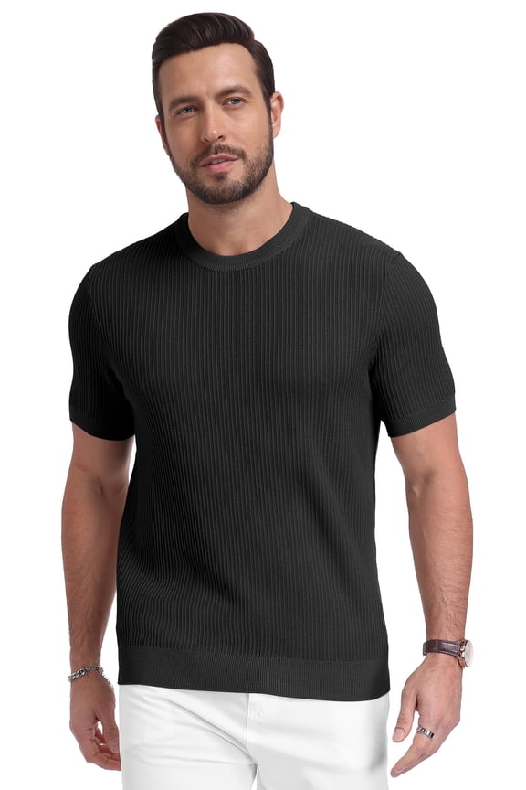 Mens Knit T Shirt Short Sleeve Crewneck Summer Casual Textured Pullover Lightweight Ribbed Viscose Sweater Tee Soft Breathable Fashion Shirt
