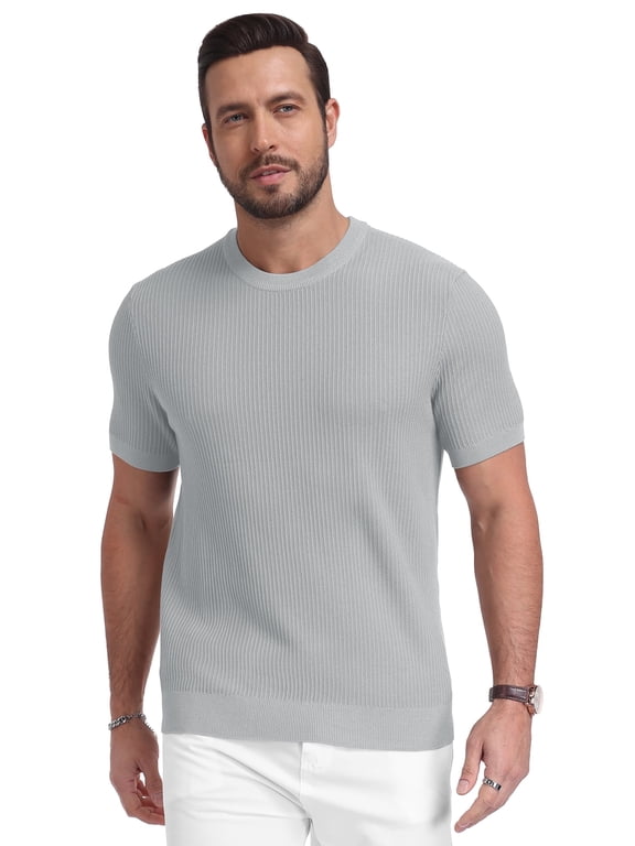 Mens Knit T Shirt Short Sleeve Crewneck Summer Casual Textured Pullover Lightweight Ribbed Viscose Sweater Tee Soft Breathable Fashion Shirt