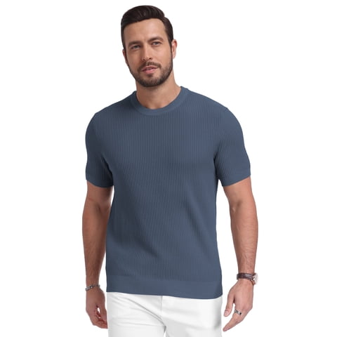 Mens Knit T Shirt Short Sleeve Crewneck Summer Casual Textured Pullover Lightweight Ribbed Viscose Sweater Tee Soft Breathable Fashion Shirt