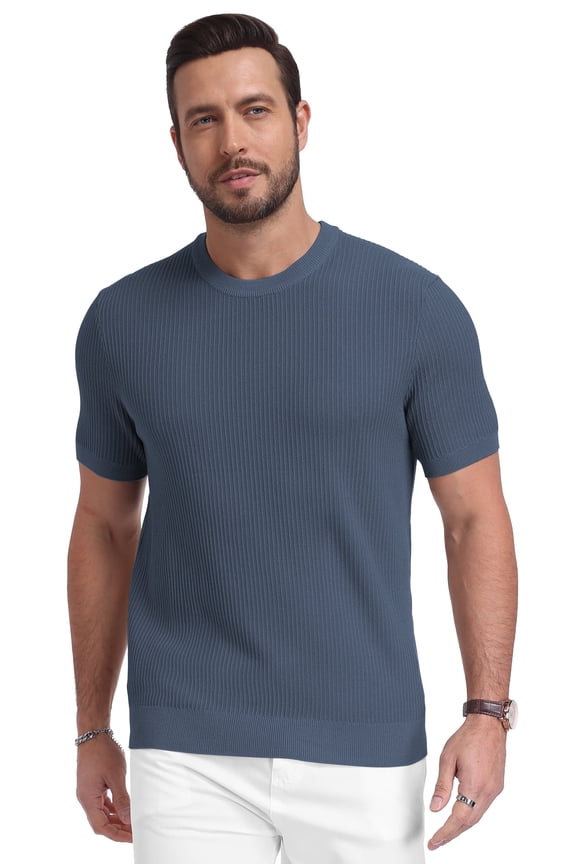Mens Knit T Shirt Short Sleeve Crewneck Summer Casual Textured Pullover Lightweight Ribbed Viscose Sweater Tee Soft Breathable Fashion Shirt