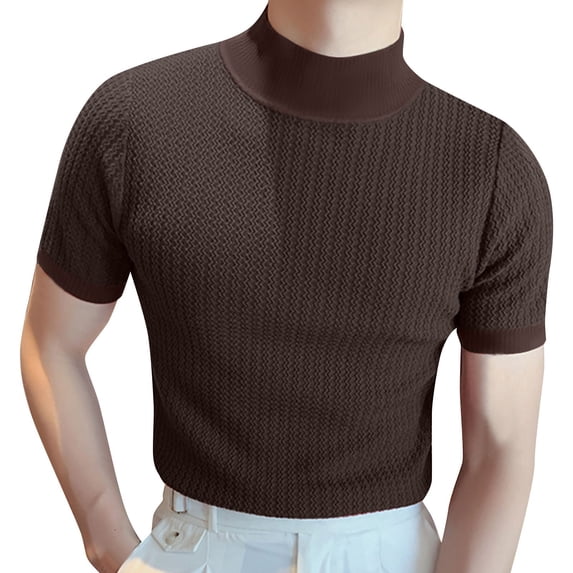 Mens T-Shirts Knitted High Neck Short Sleeve Solid Color Slim Fit T Shirt Undershirts Summer Casual Tee Tops