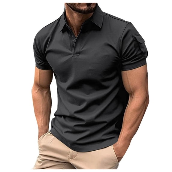 Mens T Shirts Polo Shirts Lapel Button Down Sports With Arm Pockets Solid Color Short Sleeve Mens Clothing,Grey,3XL