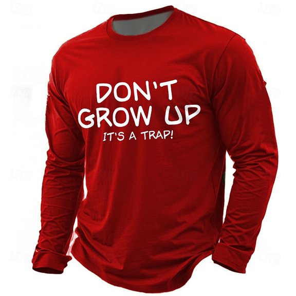 Mens T Shirts Letter Printing Casual Loose Long Sleeve Tees Trendy Crew Neck Fall Basic Men Shirts Red XXXL