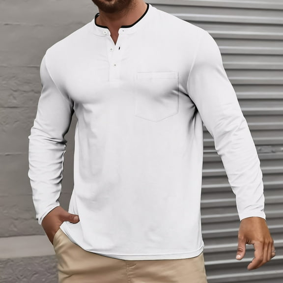 Mens T Shirts Long Sleeve Button Mock Neck Tshirts Shirt with Pocket Casual Solid Color Pullover Slim Breathable Going-Out Loungewear Tees Tops