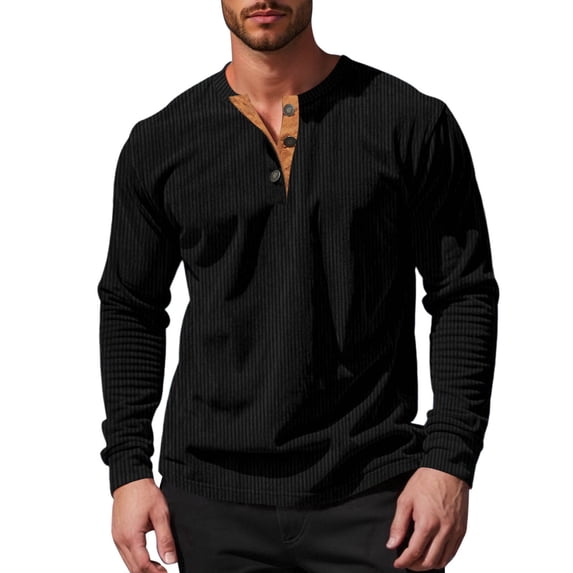 Mens T Shirts Long Sleeve Crewneck Corduroy Henley T-Shirt Loose Fit Black Shirt with Button Men Clothing