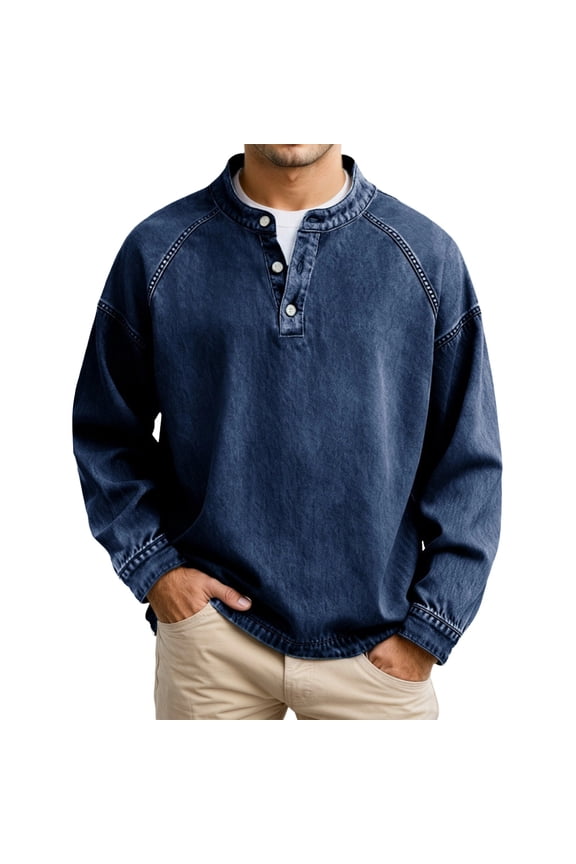 Mens T-Shirts Long Sleeve Solid Denim Pintuck Washed Crewneck Top Pullover Jeans Tees for Men