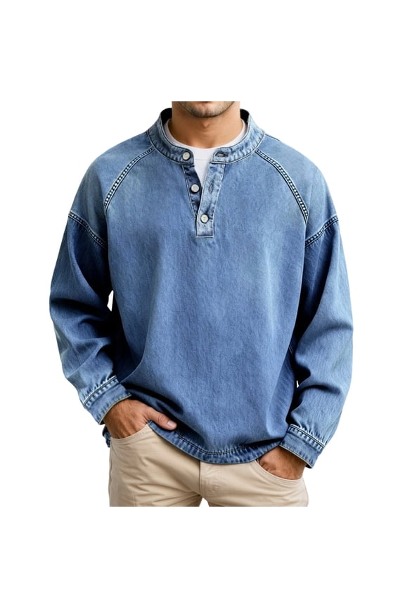 Mens T-Shirts Long Sleeve Solid Denim Pintuck Washed Crewneck Top Pullover Jeans Tees for Men