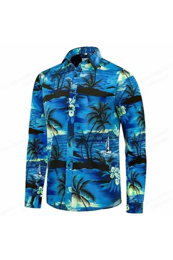 Mens T-Shirts Long Sleeved Floral Printed Button Lapel Beach Shirt Men's Summer Beach Blouses