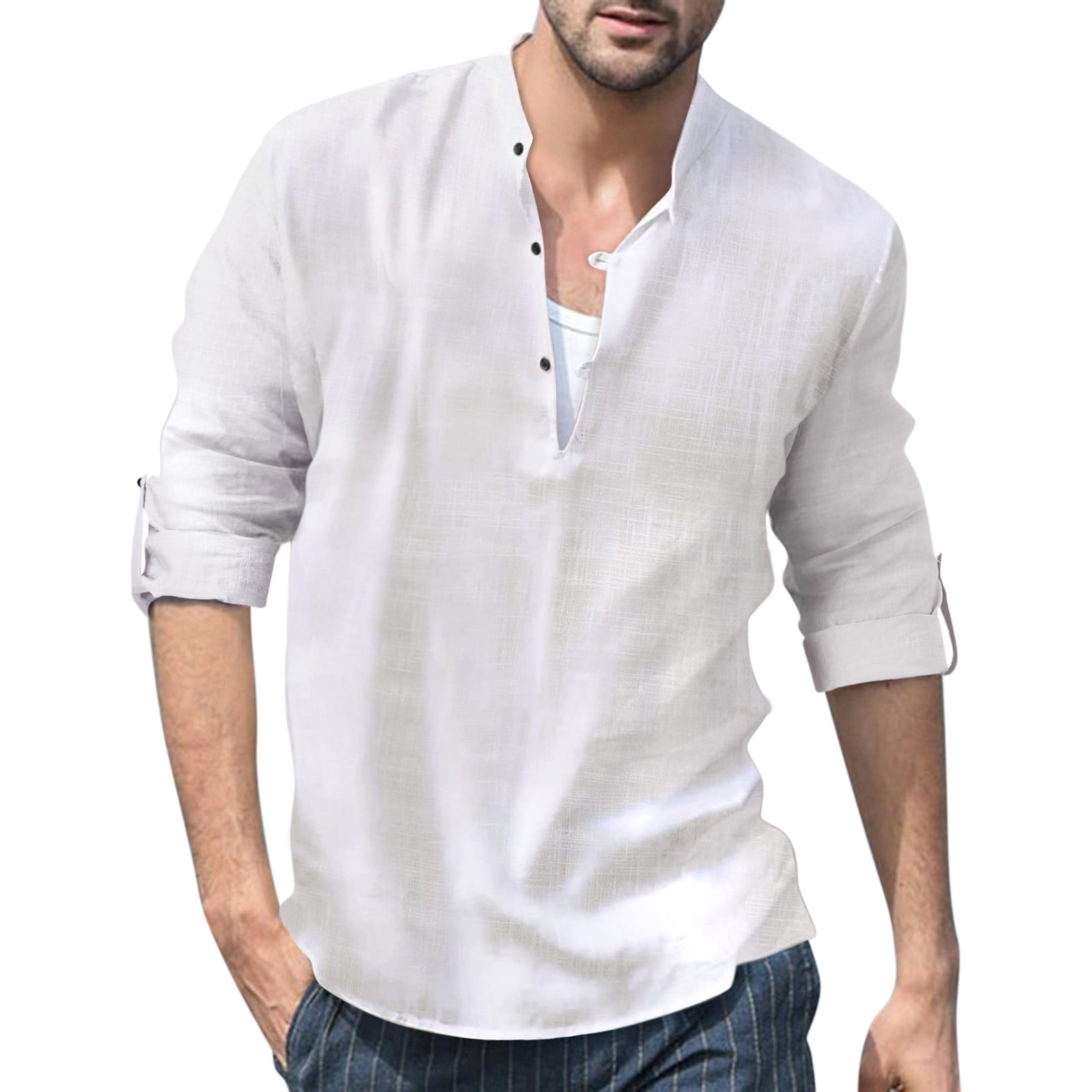 Mens T Shirts Male Casual Solid Roll Up Sleeve Blouse Long Sleeve St ...