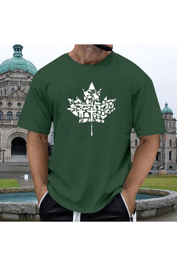 Mens T Shirts Maple Leaf Print Spring Summer Round Neck Short Sleeve Top Mens Casual Shirts Army Green XL
