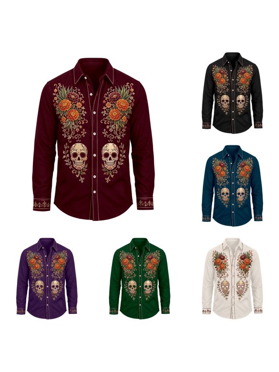 Mens T Shirts Men Day Of The Dead Shirt Long Sleeve Halloween Mexican Floral Button Down Casual Party Top for Guys