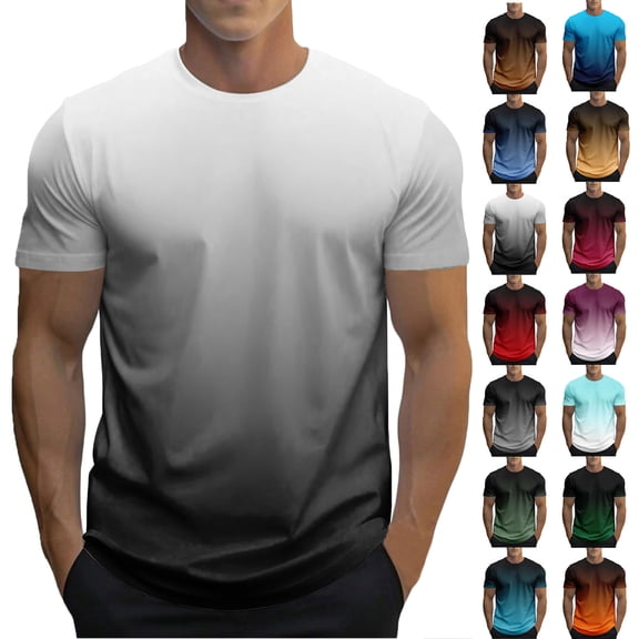 Mens T-Shirts Men's Tops Men Summer Casual Pullover Round Collar Gradient Short Sleeve Blouse Shirt White XXL