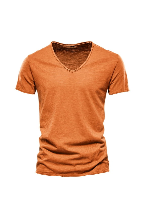 Mens T-Shirts Mens Fashion Casual Solid Color V Neck Short Sleeve T Shirt Top Long Sleeve Stretchy Shirt Active Dry Turtleneck Set Long Shirts Men Tech Tissue Tees Athletic Short Tops for Orange XXL