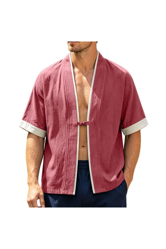 Mens T Shirts, Mens Linen Shirts Japanese Short Sleeve Kimono Cardigan Yukata Coat Loose Open Front Loose Cardigans Jacket Tops Wine M