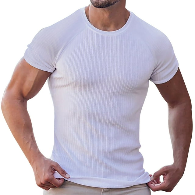 Mens TShirts Muscle Stretch Short Sleeve Crewneck Bodybuilding Workout