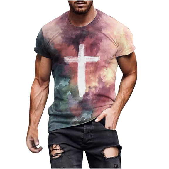Mens T Shirts Plus Size Pack Men's Street Trendy Casual Cross Print Crew Neck Short Sleeve Shirts for Men Fashion Summer Tops on Sales(Black,2XL)